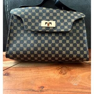 Satchel Top Handle Bag‎ Brown Geometric Print Gold Hardware Elegant